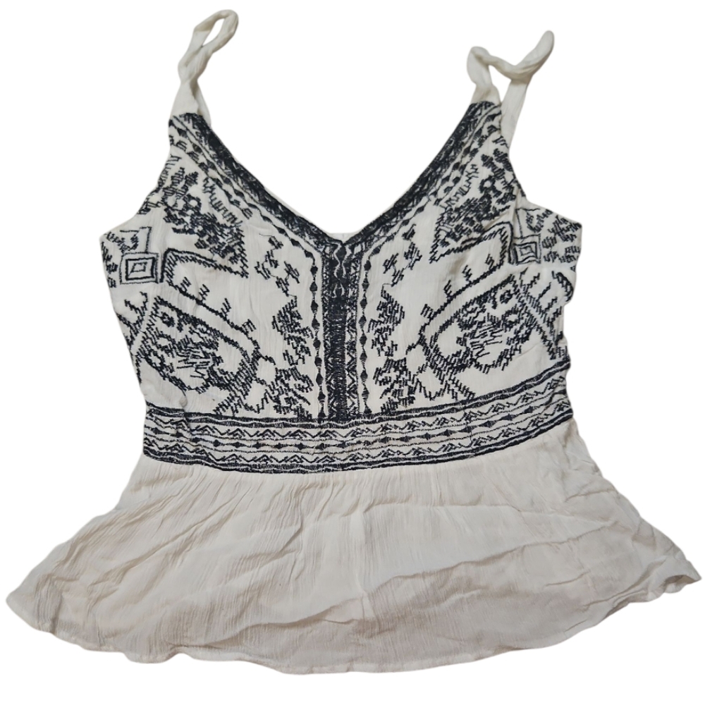 Japna - White and Black Embroidered Top - M